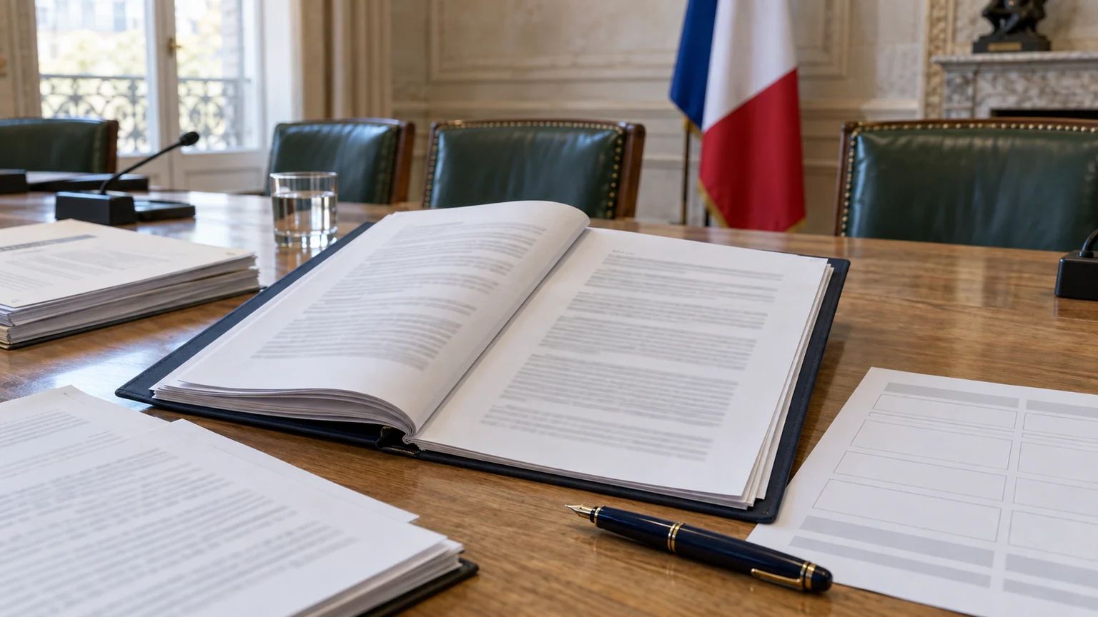 Forfait retraite pour trois enfants — dossier parlementaire français ouvert sur une table de commission, pages de loi illisibles et drapeau tricolore en arrière-plan.