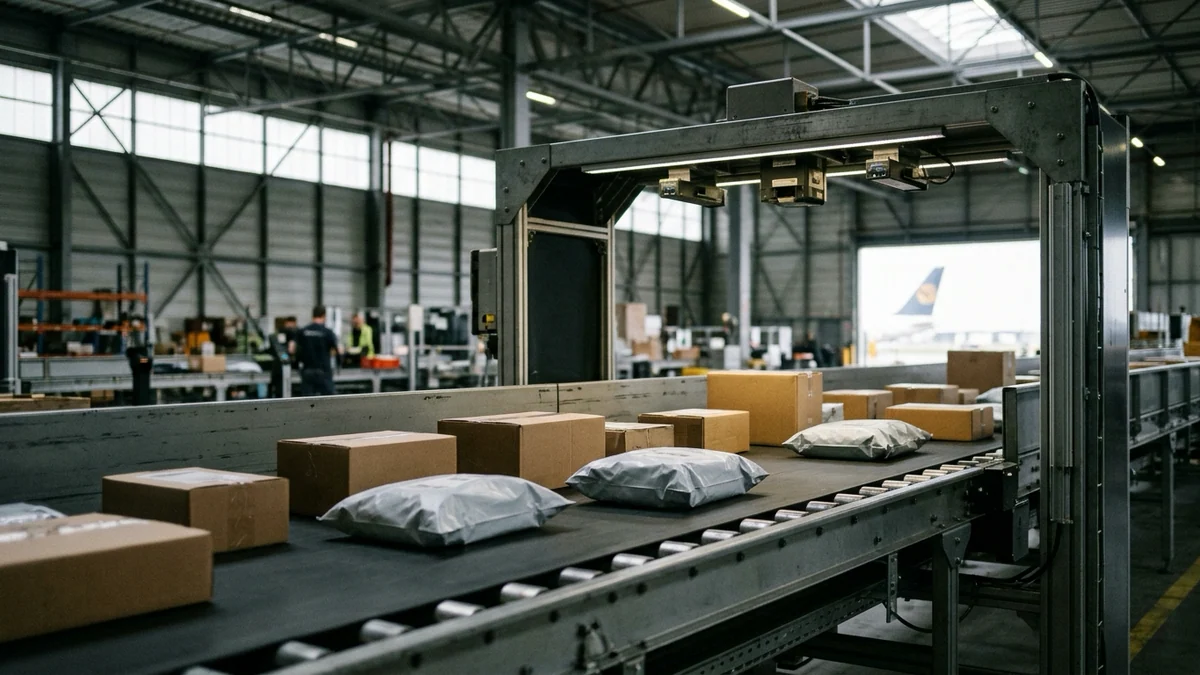 Frais de traitement des petits colis importés — tapis convoyeur en hangar de fret chargé de cartons et sachets d'expédition sous portique optique.