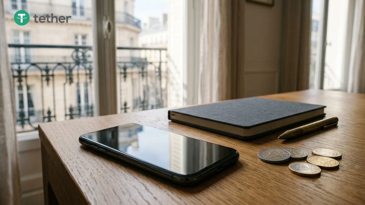 Régulation des stablecoins en France — smartphone éteint, pièces en euros et carnet sur un bureau parisien, avec le logo officiel de Tether en incrustation.