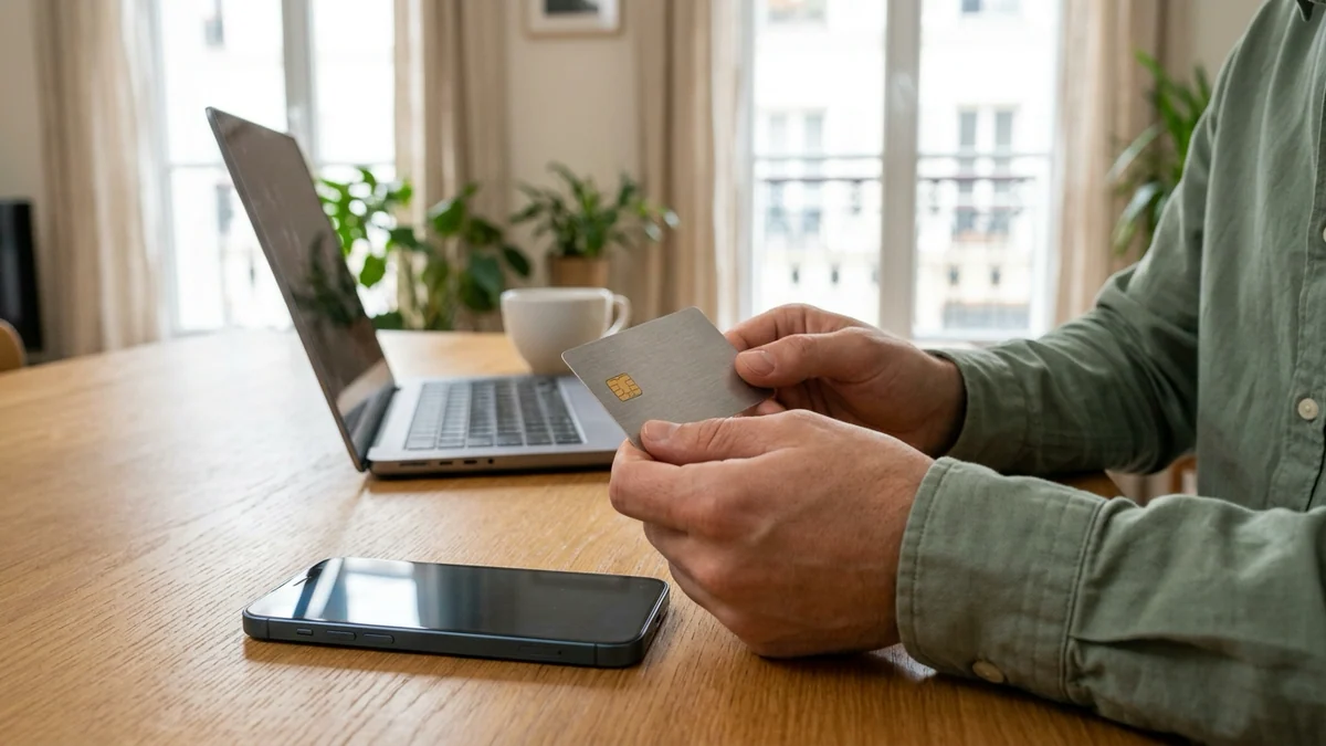 Remboursement immédiat d'une fraude bancaire — mains tenant une carte de paiement à puce dorée près d'un smartphone et d'un ordinateur sur une table de salon.