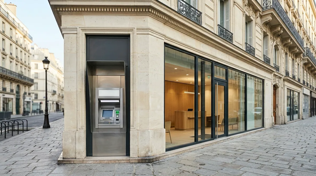 Obligation de remboursement après une fraude bancaire — façade en pierre d'une agence de rue française avec distributeur automatique en acier et vitrine d'accueil.