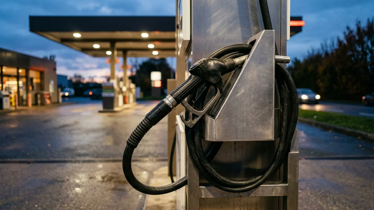Stocks de pétrole mobilisés par le G7 — pistolet de distribution noir et flexible reposant sur une pompe de station-service au crépuscule.
