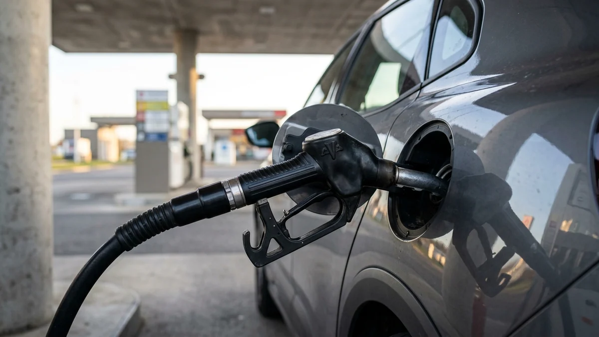 Baisse du prix du gazole décidée par le G7 — pistolet de distribution noir inséré dans la trappe d'un véhicule sous l'auvent d'une station-service.