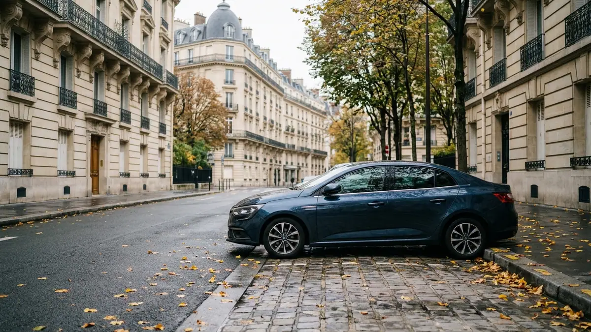 Contrats d'assurance habitation et auto — immeubles résidentiels en pierre de taille et berline garée le long du trottoir au petit matin.