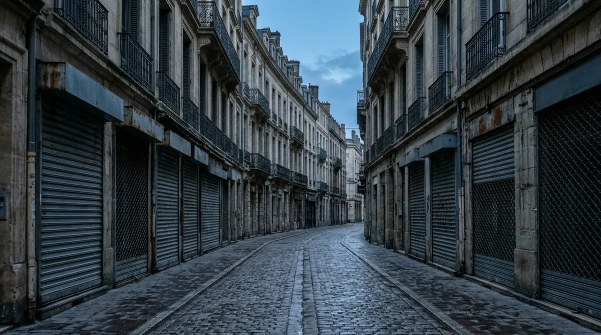 Garantie émeutes appliquée aux commerces de proximité — enfilade de rideaux métalliques fermés protégeant des vitrines de boutiques dans une rue piétonne pavée au petit matin.