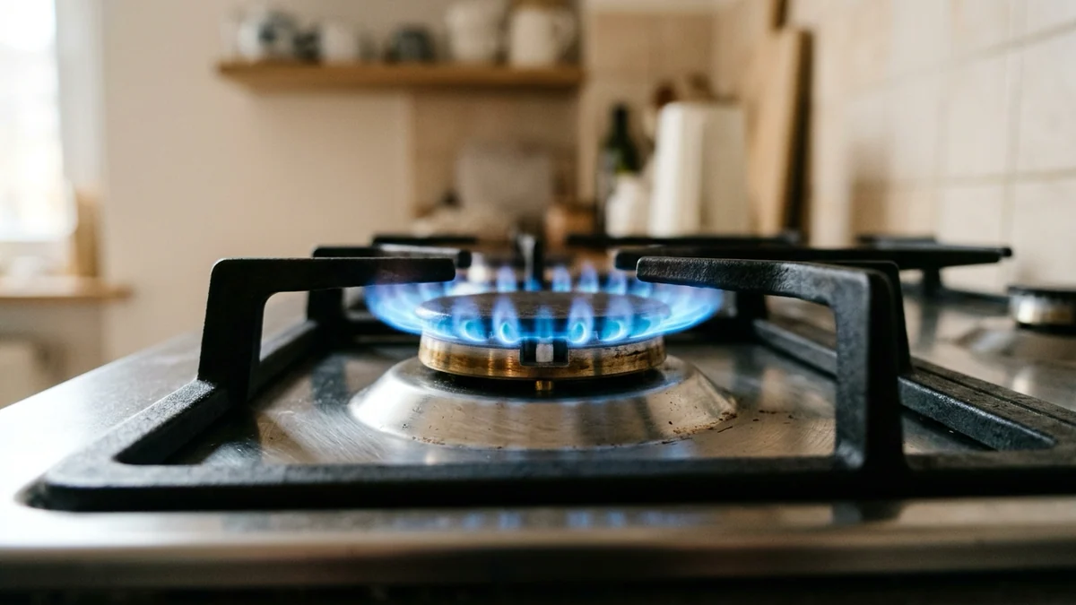 Prix de gros du gaz en Europe — flamme bleue d'un brûleur domestique et grille en fonte sur une table de cuisson dans une cuisine.