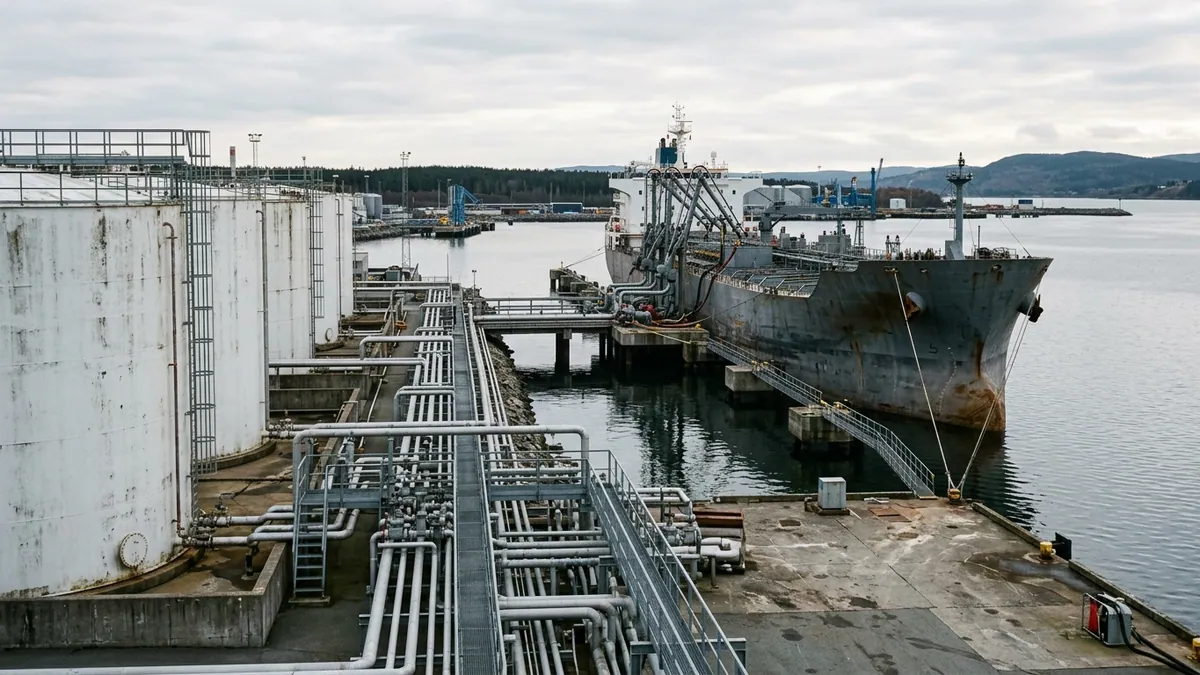 Approvisionnement en gazole des pays européens — cuves de stockage blanches sur un quai portuaire et navire pétrolier à quai sous un ciel d'automne.