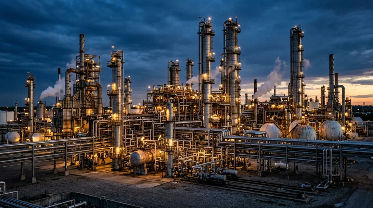 Sécurisation des exportations énergétiques vers l'Europe — tours de distillation et conduits métalliques d'une raffinerie industrielle au crépuscule.