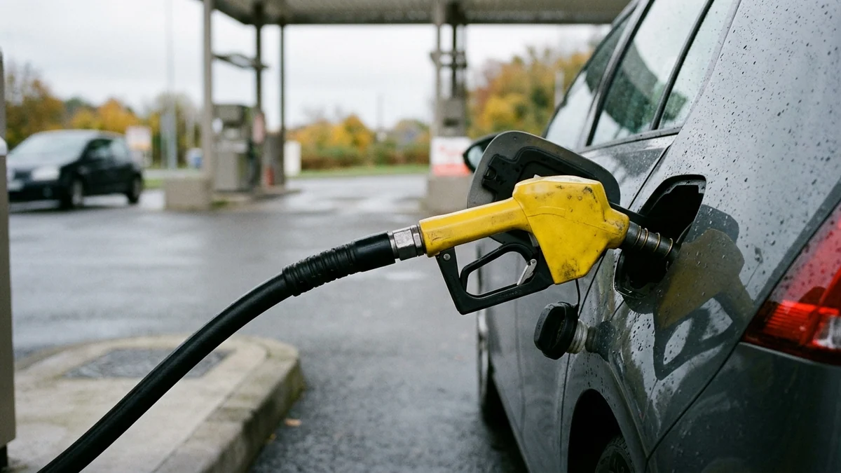 Distribution de gazole pour les automobilistes — gros plan sur le pistolet à poignée jaune engagé dans le réservoir d'une voiture.