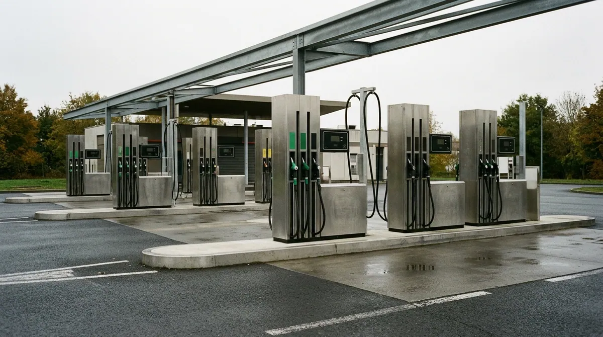 Ravitaillement en gazole en France — îlot de pompes de distribution alignées sous l'auvent métallique d'une station-service.