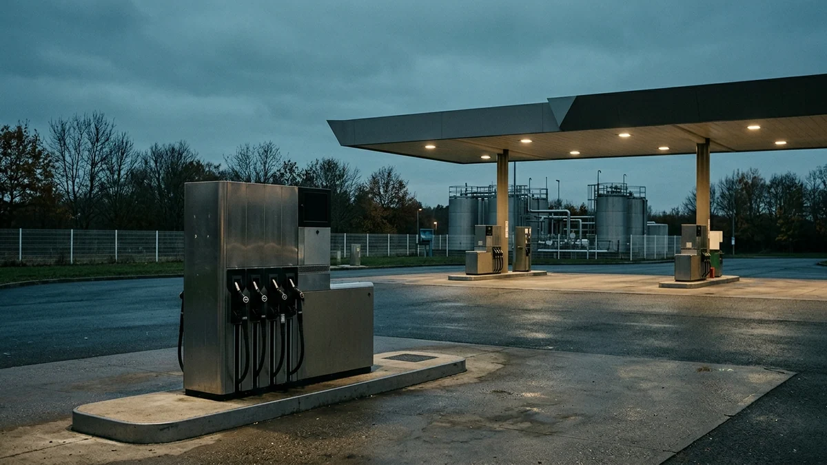 Déblocage des stocks de gazole par le gouvernement — pistolets de distribution sur une piste de ravitaillement au crépuscule et cuves de stockage en arrière-plan.