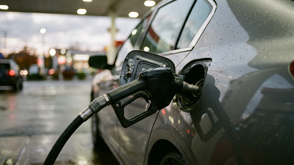 Réserves de gazole mobilisées pour détendre les tarifs — pistolet de distribution engagé dans la trappe ouverte d'une voiture sur la piste mouillée d'une station-service au crépuscule.