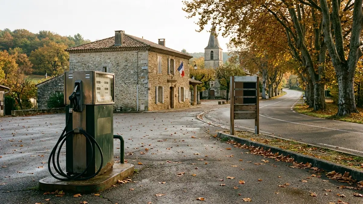 Aides sur le gazole et la voirie rurale — station-service de village au bord d'une route départementale bordée de platanes, pompe avec pistolet noir et mairie à l'arrière-plan.