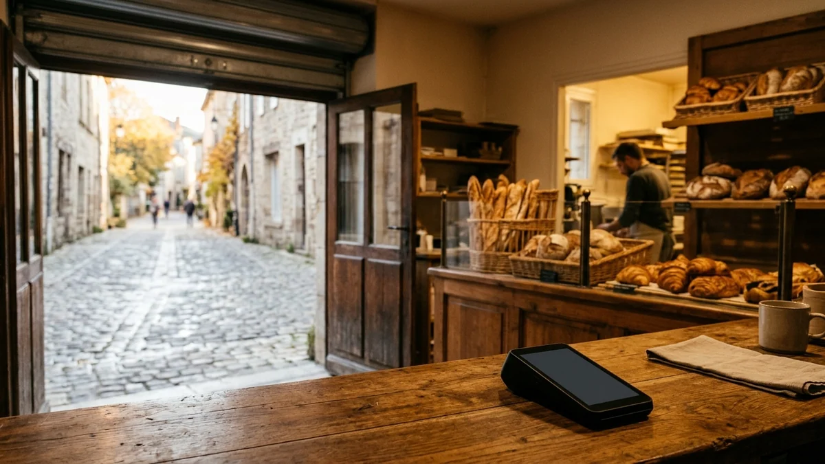 Hausse anticipée du Smic en entreprise — comptoir en bois d'un commerce artisanal au matin, terminal de paiement posé devant une devanture ouverte sur rue.