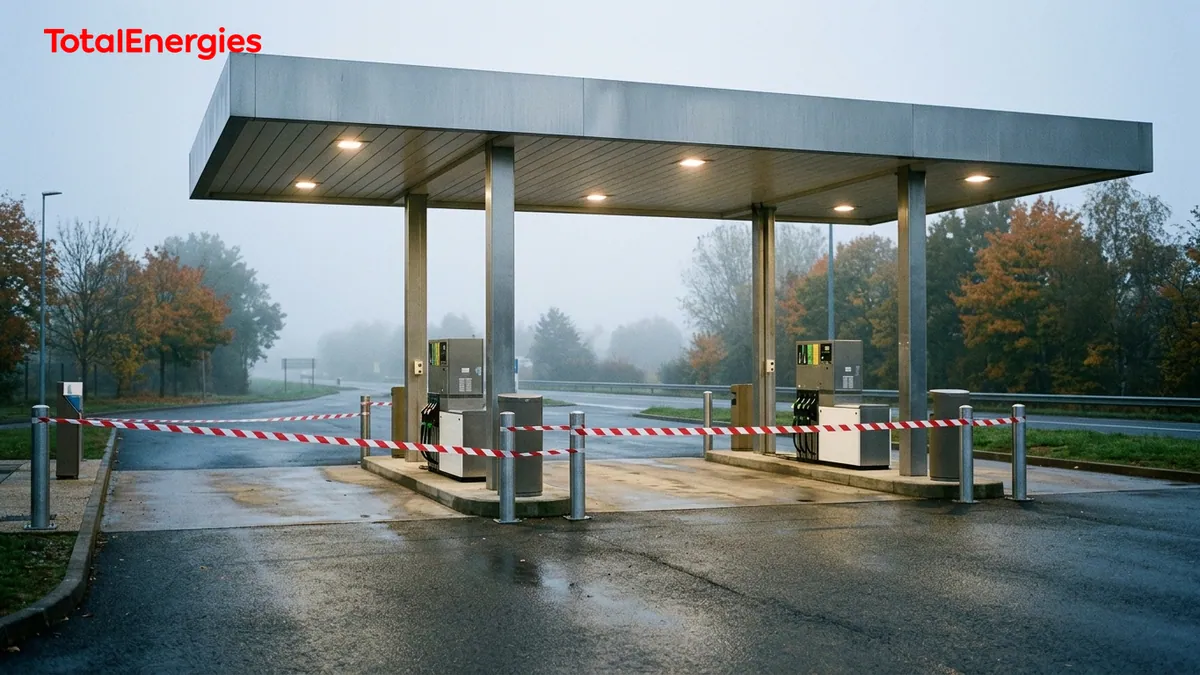 Grève chez TotalEnergies — piste de station-service sous un auvent à l’aube d’octobre, ruban de balisage bicolore barrant l’accès aux pompes et logo officiel en haut à gauche.