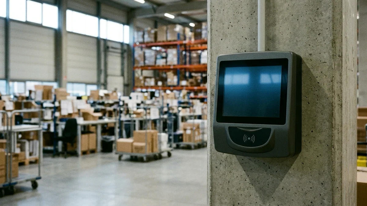 Débat sur une hausse du Smic avant janvier — terminal de pointage électronique fixé sur un pilier en béton au premier plan d'un entrepôt logistique aux allées ordonnées.