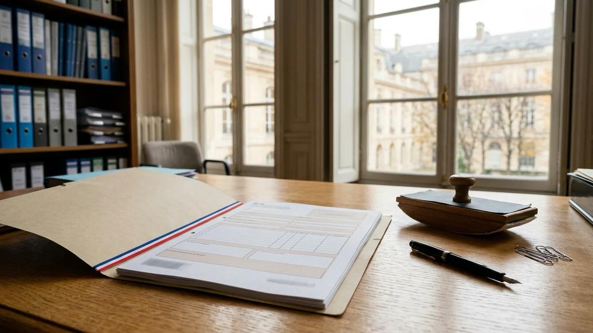 Minimum de traitement dans la fonction publique — dossier administratif ouvert, formulaire vierge et tampon buvard sur un bureau en chêne devant une fenêtre.