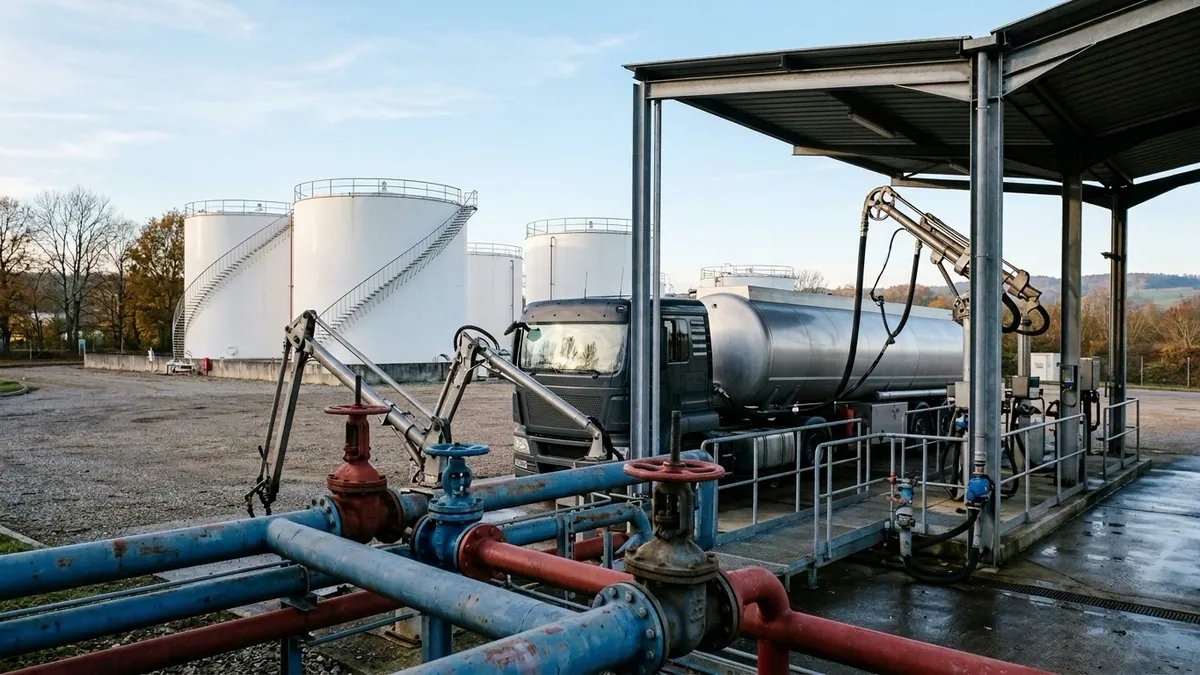 Hausse du pétrole et inflation en France — canalisations à vannes bleues et rouges, camion-citerne sous une rampe de chargement et grandes cuves blanches de stockage.
