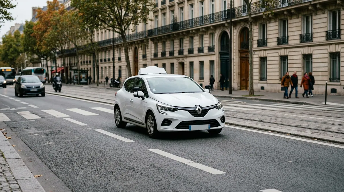 Formation au permis de conduire en milieu urbain — citadine d'apprentissage équipée de doubles rétroviseurs en circulation dans une rue française.