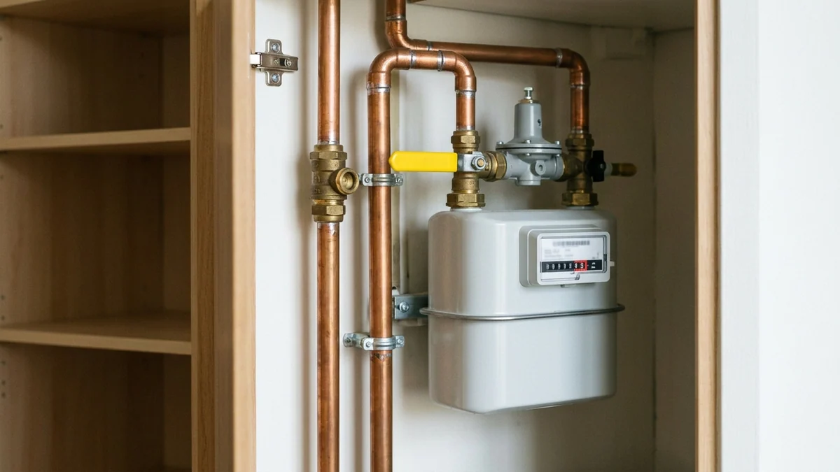Hausse du prix repère du gaz en novembre — compteur de gaz résidentiel aux tuyaux de cuivre et vanne jaune dans une armoire technique.