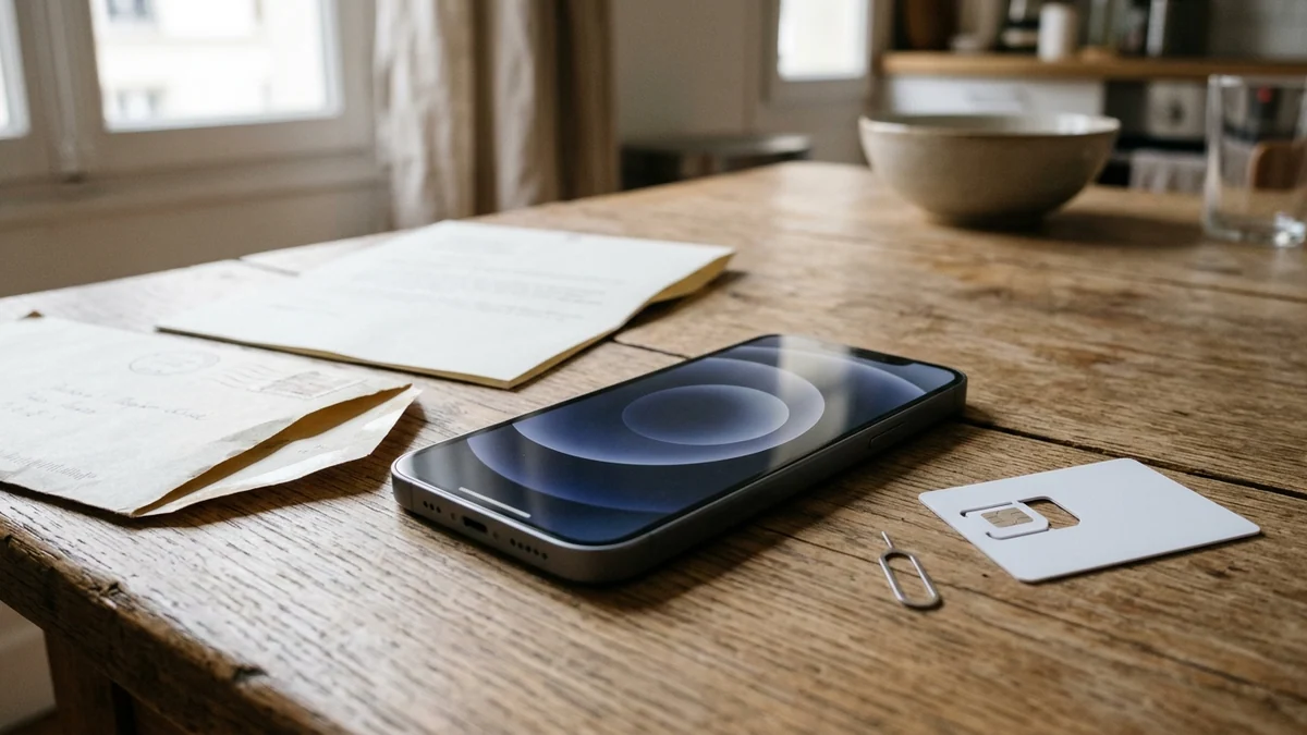 Hausse des forfaits mobiles imposée aux abonnés — smartphone posé sur une table en bois près d'une carte SIM sur son support plastique et d'une lettre d'information pliée.