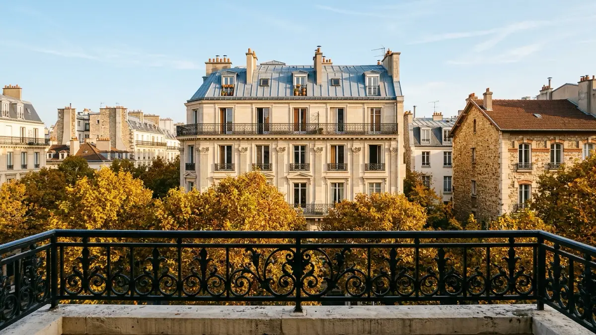 Taxe foncière en hausse de 93,4 % en France — façades d'immeuble en pierre de taille et de maison en tuiles vues depuis un balcon en fer forgé au-dessus d'arbres dorés.