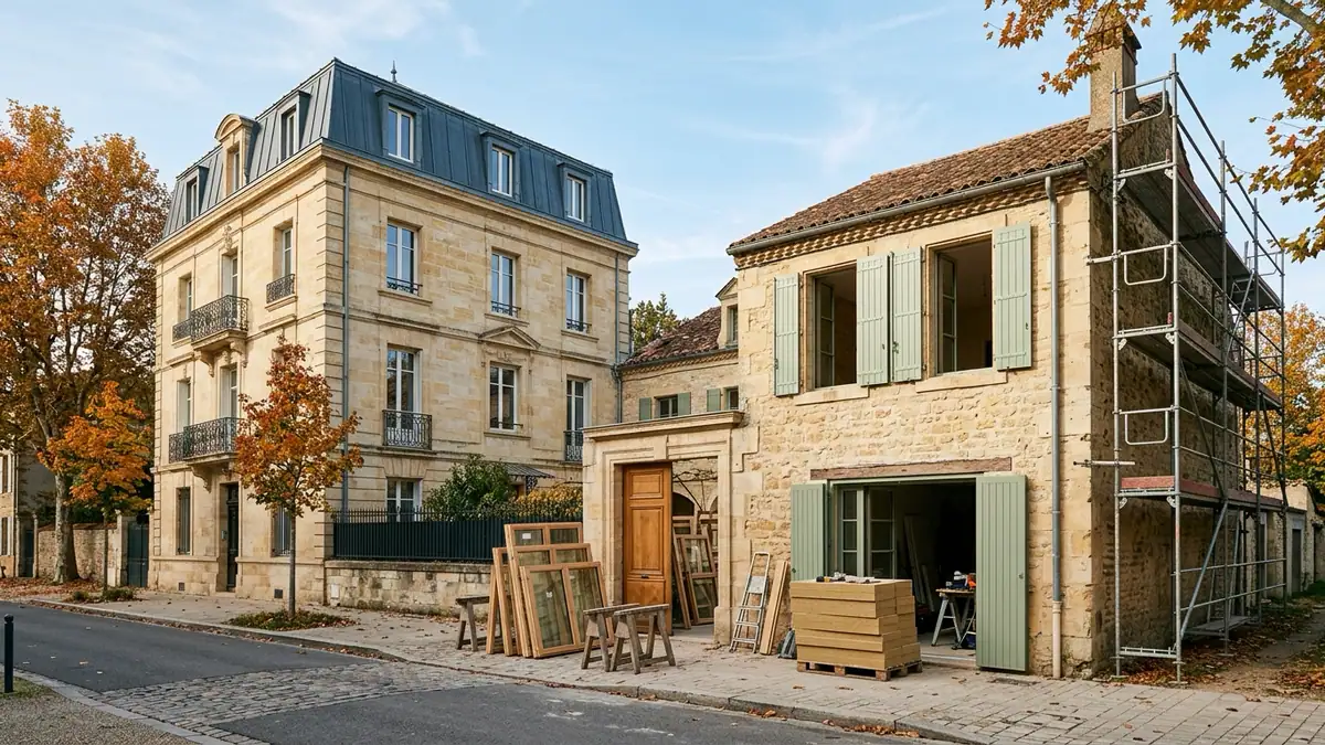 Négociation et remise dans l'immobilier ancien — immeuble français en pierre claire et maison de ville sous échafaudage avec panneaux d'isolation en lumière d'automne.