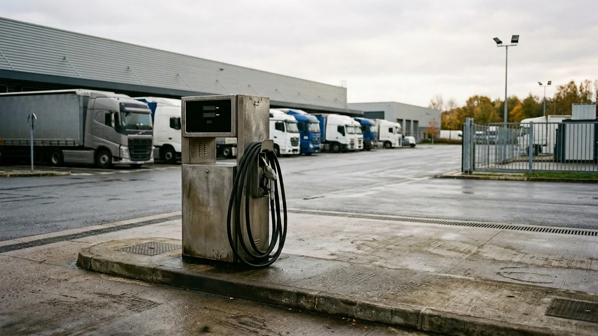 Hausse du coût des carburants pour les entreprises — pompe à gazole privative et camions de livraison alignés devant un dépôt logistique.