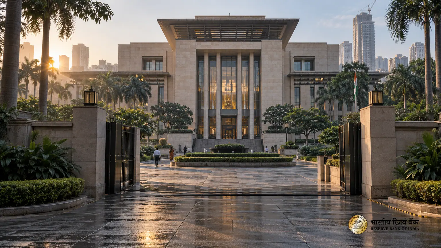 Taux directeur de l’Inde — architecture institutionnelle au matin, drapeau national et logo officiel de la RBI intégrés dans un montage.
