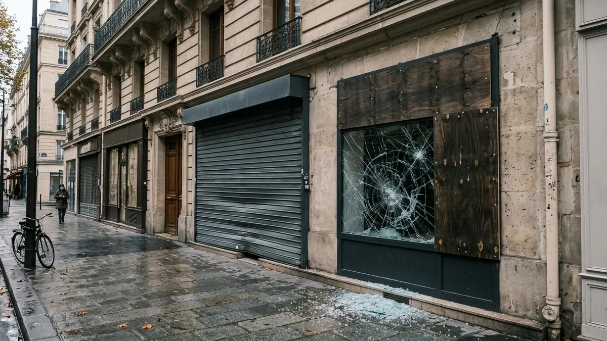 Indemnisation des sinistres professionnels — devanture de boutique avec rideau métallique déformé et vitrine brisée sécurisée par des panneaux de bois.