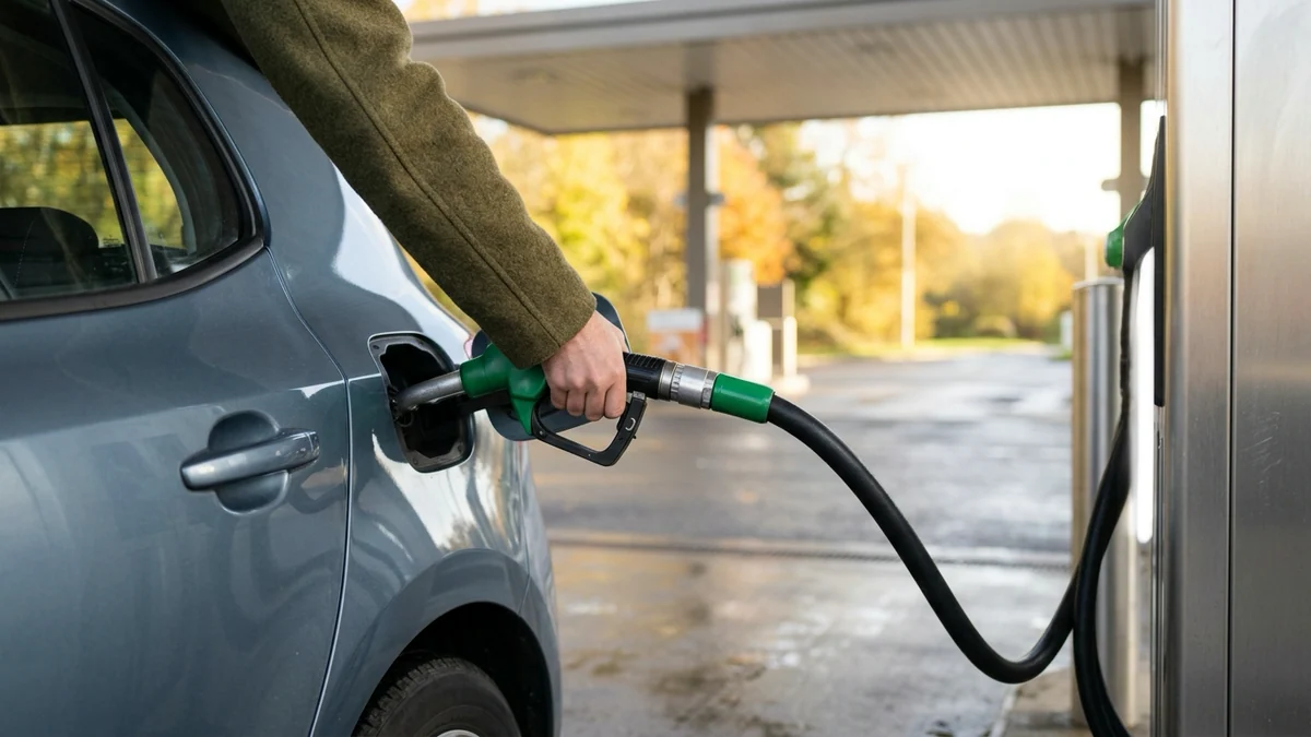 Indemnité carburant versée aux grands rouleurs — main tenant un pistolet de pompe à essence dans le réservoir d'une berline compacte en station-service française au matin.