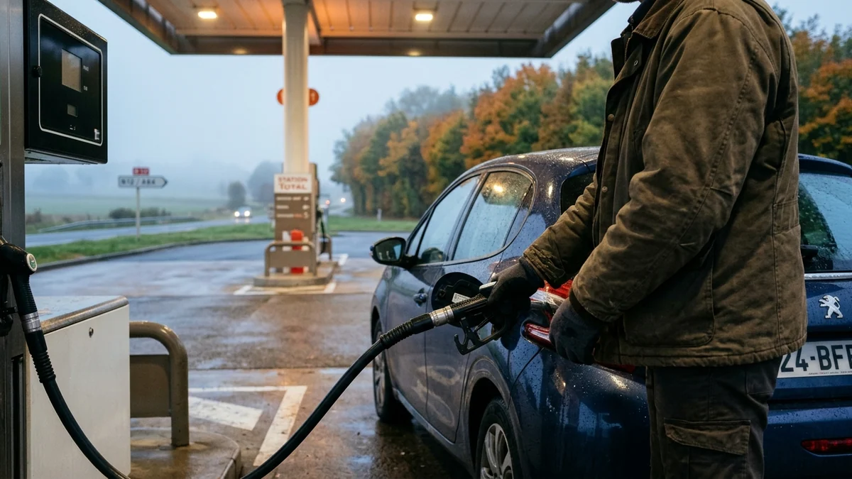 Indemnité carburant pour les travailleurs — automobiliste faisant le plein d'une voiture compacte à une pompe de station-service au petit matin.