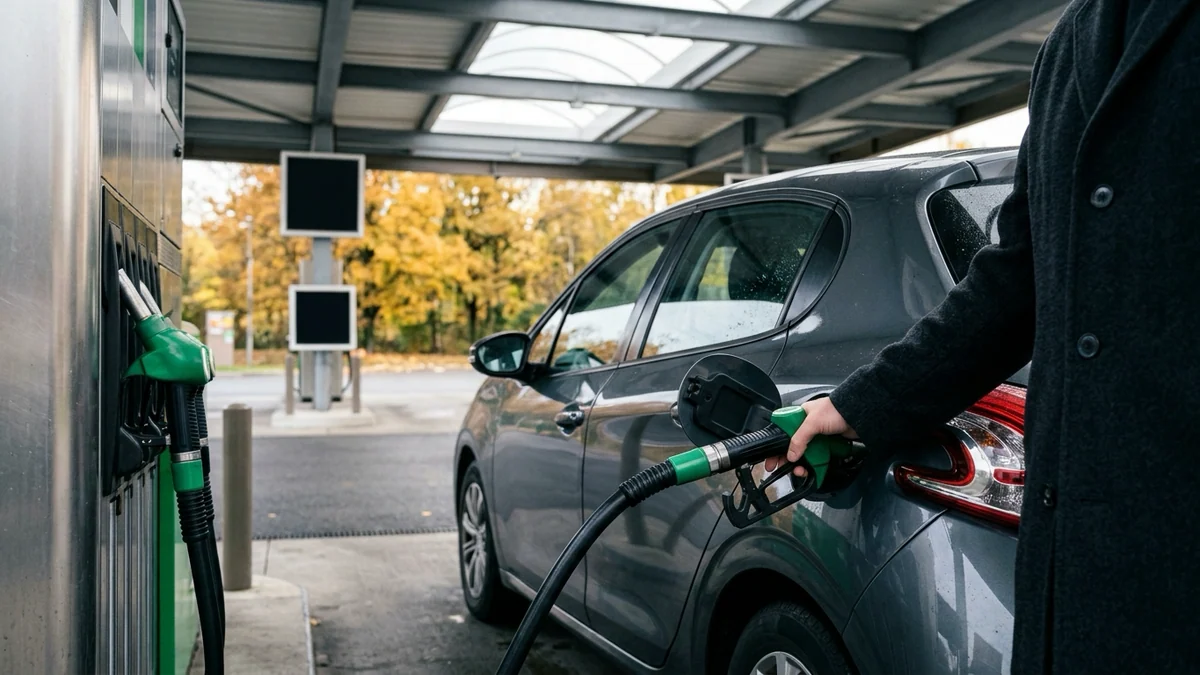 Indemnité carburant versée aux travailleurs éligibles — pistolet de distribution inséré dans le réservoir d'une voiture sur une piste de station-service au petit matin.