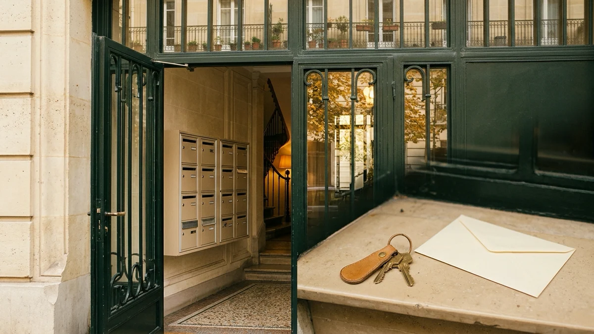 Indice de référence des loyers à 1,57 % — hall d'entrée d'un immeuble résidentiel français en pierre de taille avec boîtes aux lettres, trousseau de clés et enveloppe posés au premier plan.