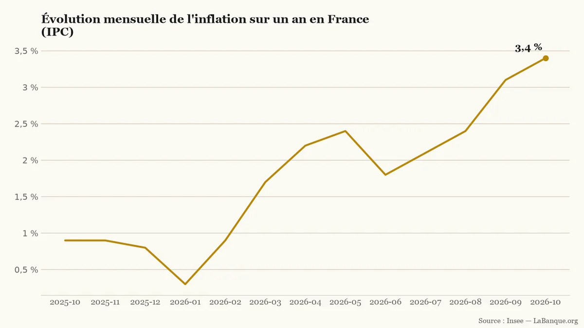 Inflation sur un an en France d'octobre 2025 à octobre 2026 : recul jusqu'au point bas de 0,3 % en janvier 2026, suivi d'une remontée jusqu'à 3,4 % en octobre.