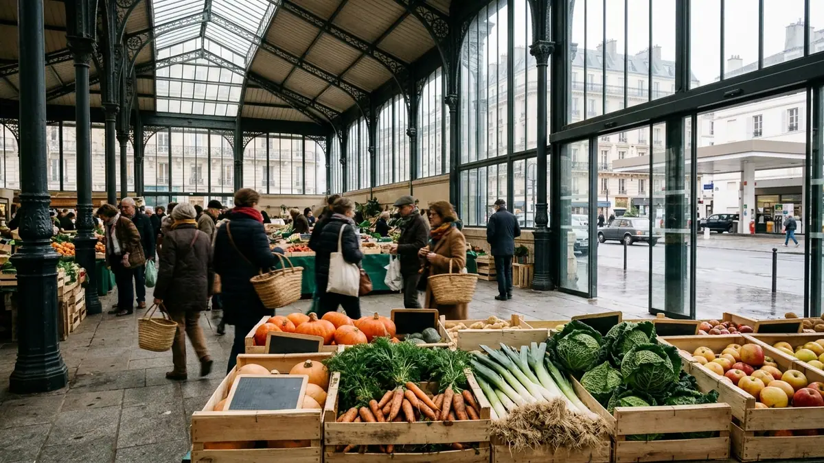 Rebond de l'inflation en France — étal de fruits et légumes sous une halle de marché couverte et station-service urbaine visible en arrière-plan à travers la verrière.