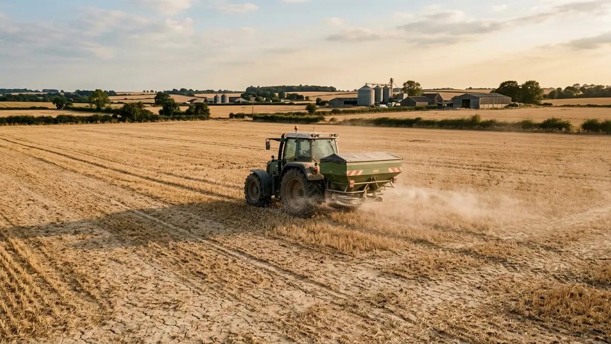 Rebond de l'inflation alimentaire en Europe — tracteur agricole épandant de l'engrais sur une parcelle asséchée sous une lumière chaude de fin d'été avec des silos à l'horizon.