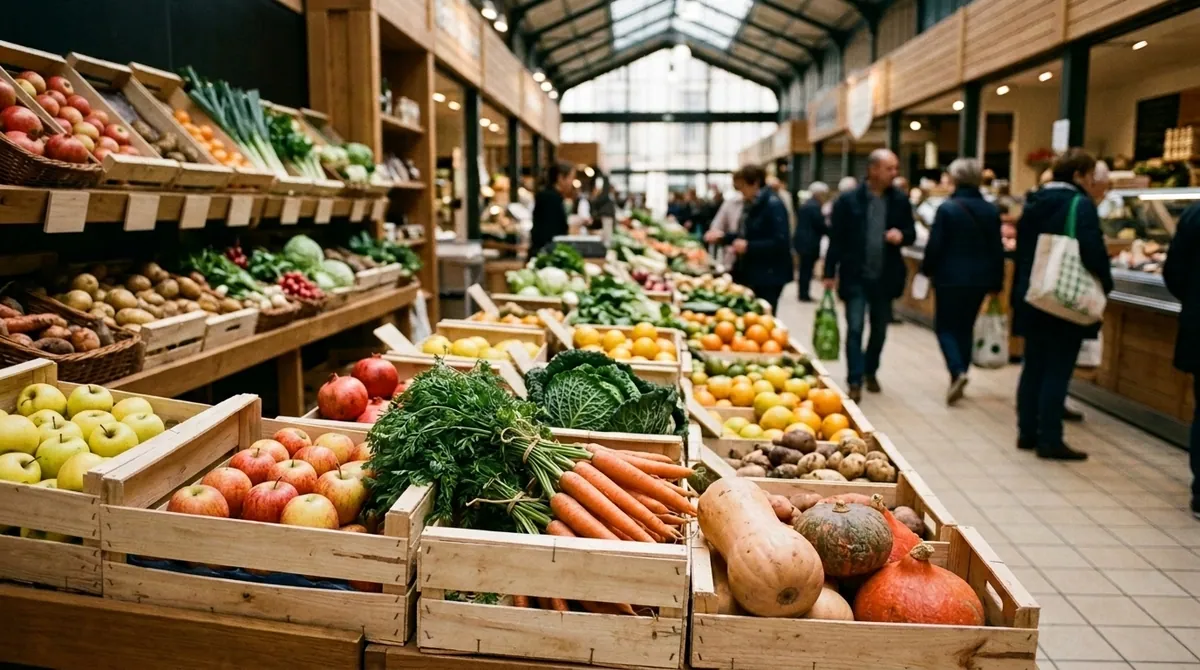 Inflation alimentaire sur les produits frais — étalage garni de légumes et fruits de saison dans des caisses en bois sous les verrières d'une halle marchande.