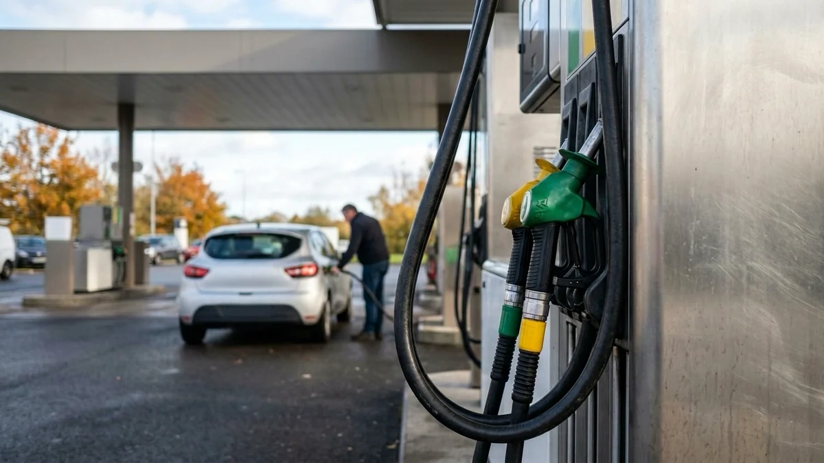 Inflation à 3,1 % en France devant le Livret A — pistolets de carburant vert et jaune accrochés à une pompe métallique et automobiliste faisant le plein d'une citadine grise.