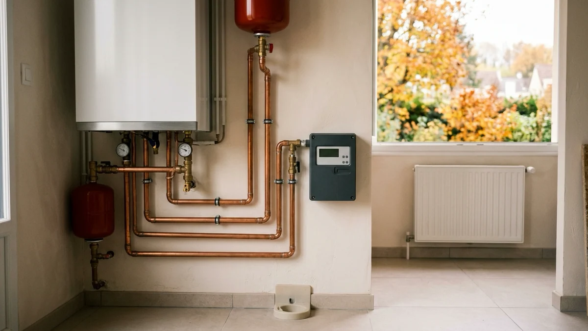 Poussée de l'inflation sur les factures de chauffage domestique — chaudière moderne, tuyauteries en cuivre et radiateur devant une fenêtre d'automne.