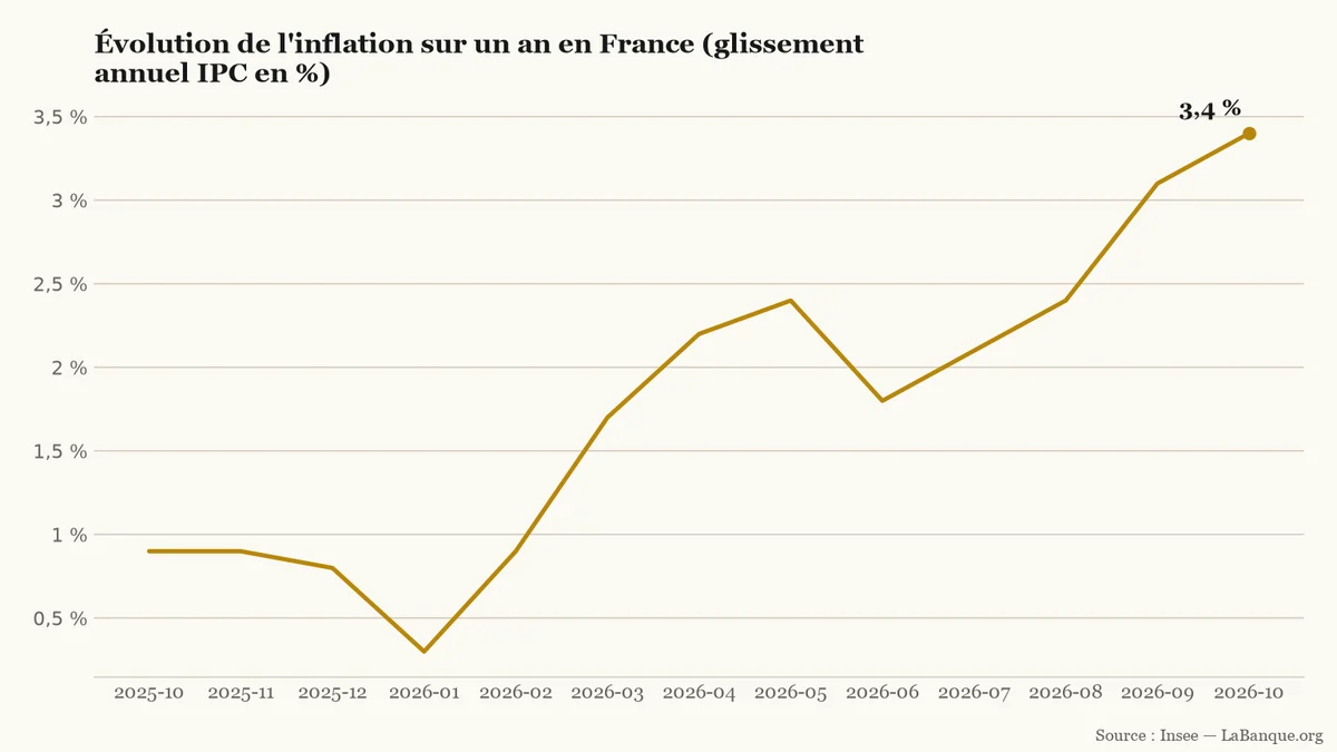 Inflation en France d'octobre 2025 à octobre 2026 : recul jusqu'à un plancher de 0,3 % en janvier 2026, puis remontée en huit hausses mensuelles jusqu'à 3,4 %.