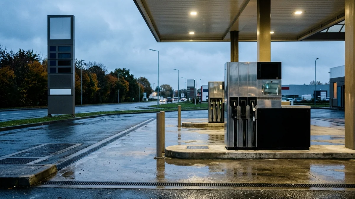 Poussée d'inflation en France portée par les carburants — station-service en périphérie au petit matin, pompes à essence et totem aux panneaux éteints sur asphalte humide.