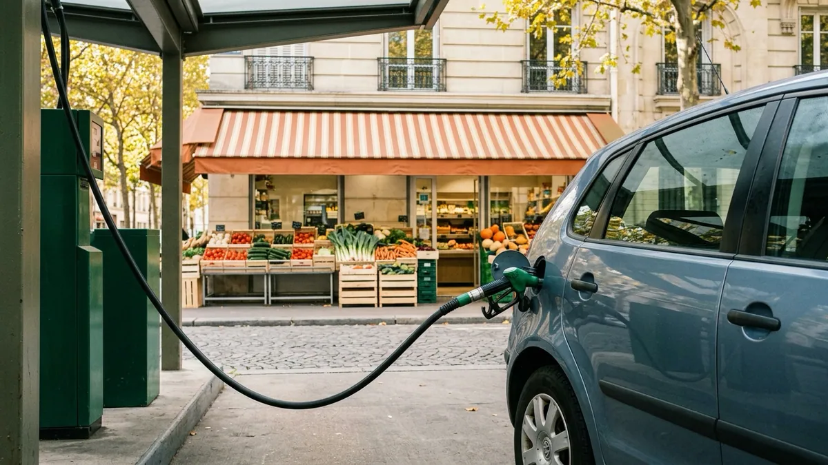 Inflation à 3,1 % en France tirée par l'énergie — pistolet de carburant dans le réservoir d'une citadine face à l'étal de légumes frais d'un primeur au matin d'automne.