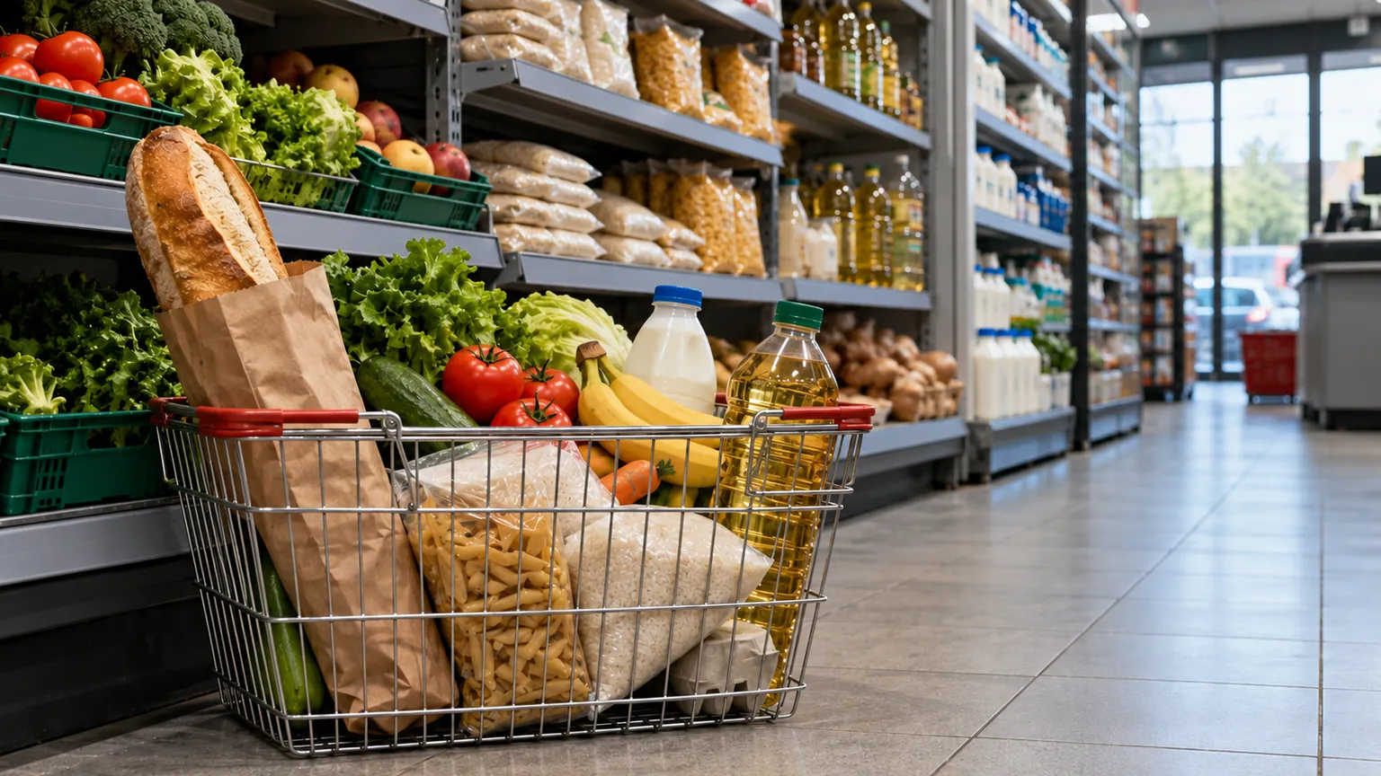 Inflation et pauvreté selon le FMI — rayon d’épicerie avec panier presque plein, pain, riz, huile et produits frais devant des rayons de denrées essentielles.