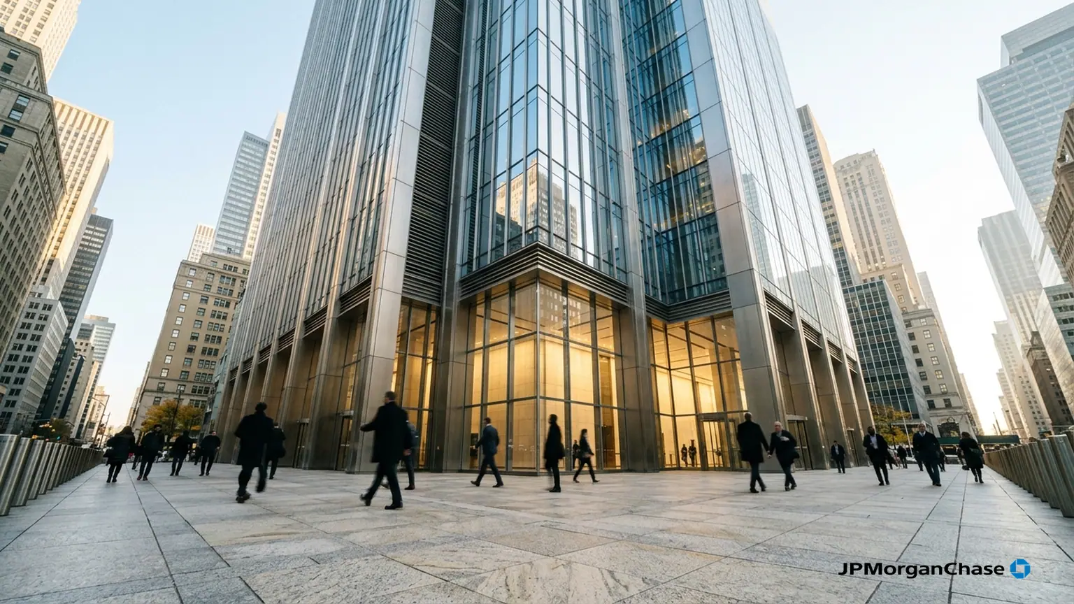 Résultats trimestriels de JPMorgan à Wall Street — tour financière en verre et acier à Manhattan, parvis en granit et logo officiel incrusté en bas à droite.
