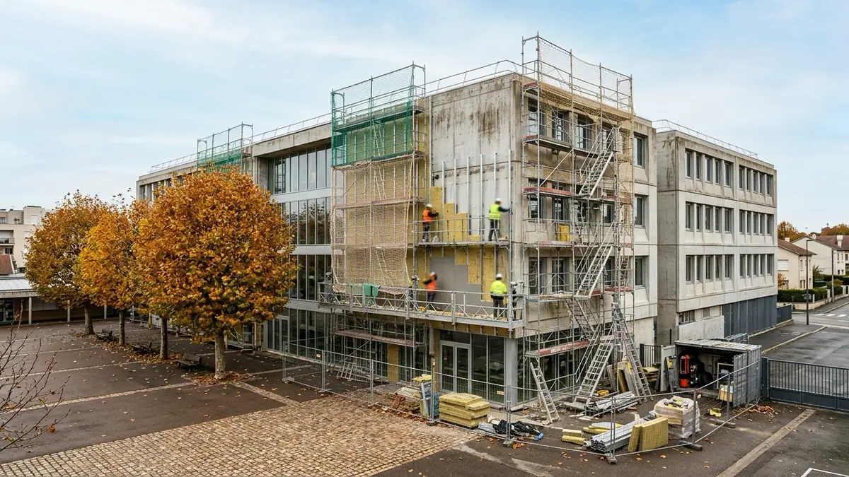 Hausse du plafond du Livret A pour les lycées — échafaudages et pose d'isolants thermiques sur la façade d'un bâtiment scolaire en automne.