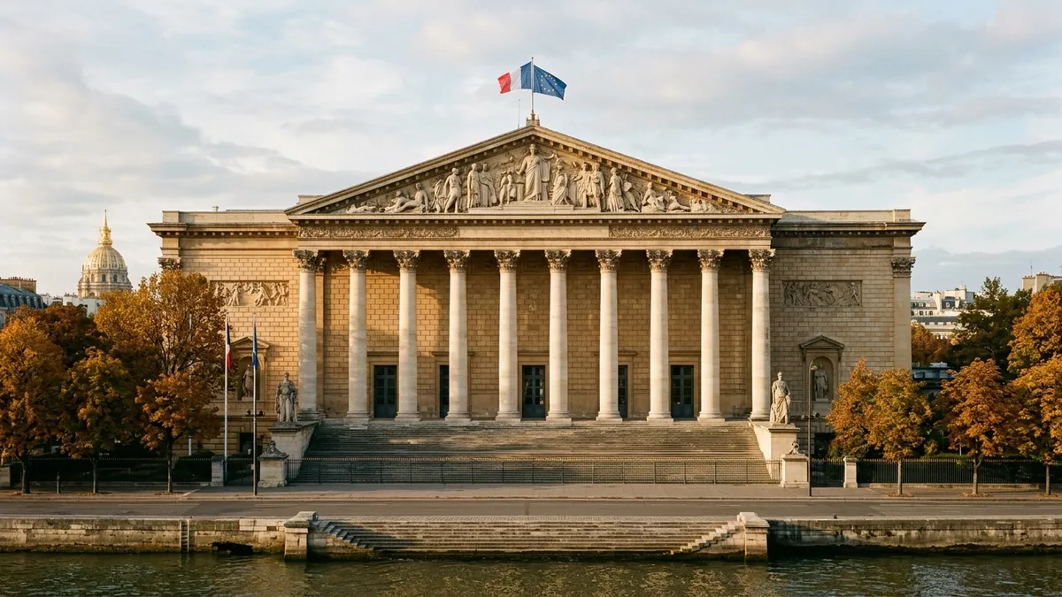 Plafond du Livret A examiné à l'Assemblée nationale — colonnade néoclassique et grand escalier du Palais-Bourbon dans la lumière dorée d'une fin d'après-midi d'automne.
