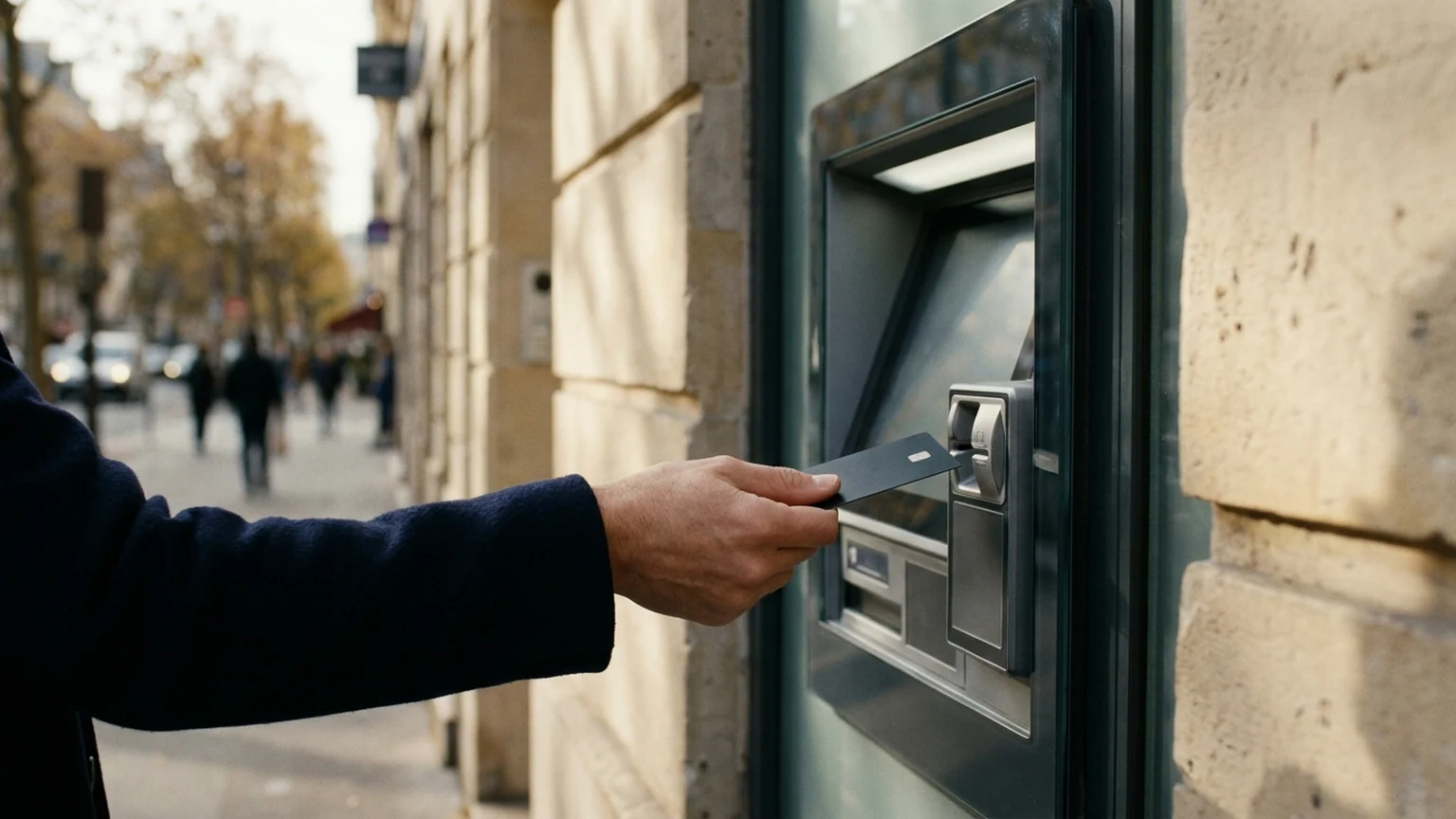 Retraits sur le Livret A au mois de septembre — distributeur automatique de billets encastré dans une façade en pierre de taille, main retirant une carte bancaire.