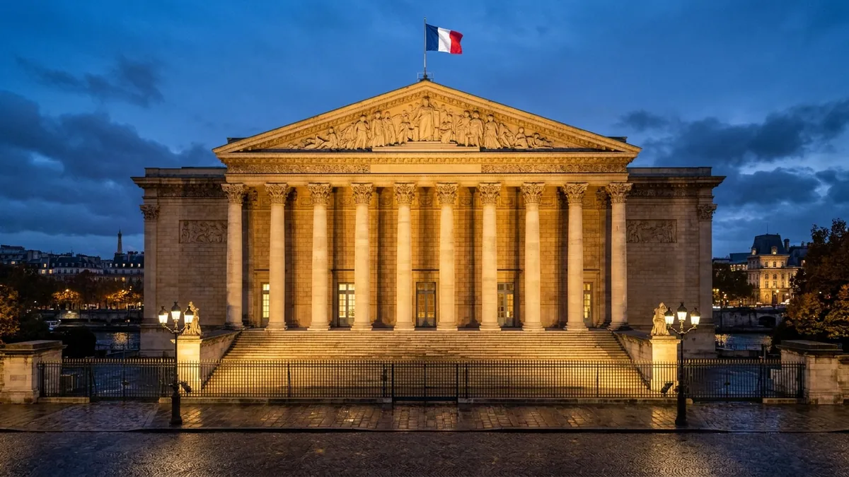 Dette publique de la France et débats budgétaires — colonnes du Palais Bourbon éclairées au crépuscule et pavés mouillés au premier plan.