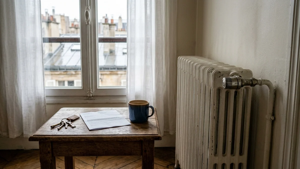 Pression budgétaire liée au logement — radiateur en fonte blanc, trousseau de clés et document plié sur une table en bois devant une fenêtre donnant sur des toits parisiens.